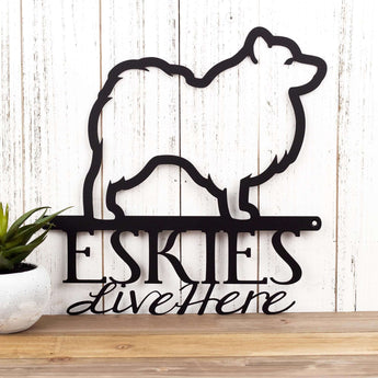 Eskies Live Here metal wall art, with an Eskie silhouette, in matte black powder coat. 