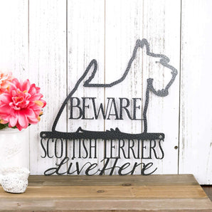 Scottish Terriers Live Here metal wall art, with Beware, in silver vein powder coat.