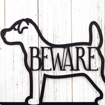 Close up of Jack Russell dog silhouette, with beware, on our metal sign, in matte black powder coat.