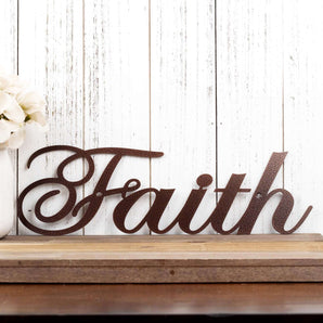 Faith metal sign with cursive lettering, in copper vein powder coat.