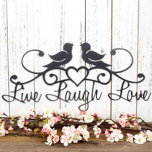 Live Laugh Love metal wall art with birds and heart, in silver vein powder coat.