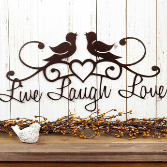 Live Laugh Love metal sign with birds and heart, in copper vein powder coat.