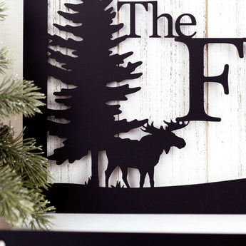 Close up of moose silhouette on our metal family name sign, in matte black powder coat. 