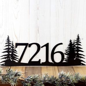 4 digit metal house number sign with pine trees, in matte black powder coat.