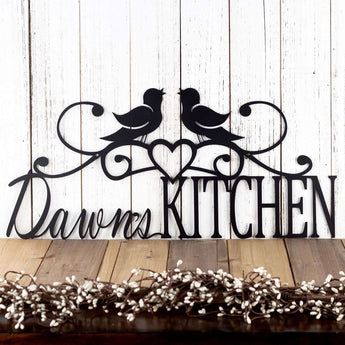 Personalized kitchen name sign with song birds and heart, in matte black powder coat.