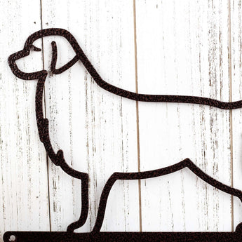 Close up of Golden Retriever silhouette on our metal sign, in copper vein powder coat. 
