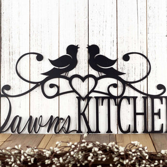Personalized kitchen metal sign with song birds and heart, in matte black powder coat. 