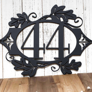 2 digit metal house number plaque, with fall oak leaves, in matte black powder coat. 