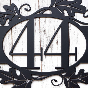 Close up of 2 digit house number on our metal address sign, in matte black powder coat.