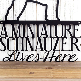 Close up of A Miniature Schnauzer Lives Here wording on our metal sign, in matte black powder coat.