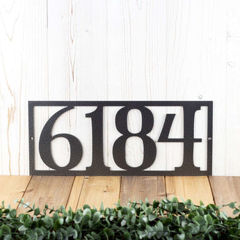 4 digit rectangular metal house number sign, in silver vein powder coat.