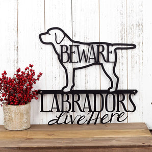 Labradors Live Here metal wall art, with Beware, in matte black powder coat. 