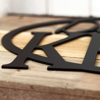 Close up of matte black powder coat on our family name metal sign.