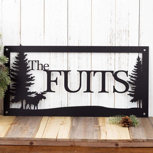 Rectangular family name metal sign with moose silhouette, in matte black powder coat.