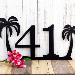 2 digit metal house number plaque with palm trees, in matte black powder coat.