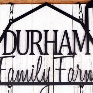 Close up of Family Name on our Farm metal sign, in matte black powder coat. 