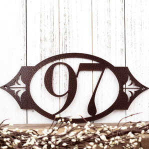 2 digit oval metal house number plaque with fleur de lis, in copper vein powder coat. 