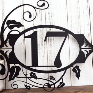 2 digit metal house number sign with fleur de lis and vines, in matte black powder coat. 