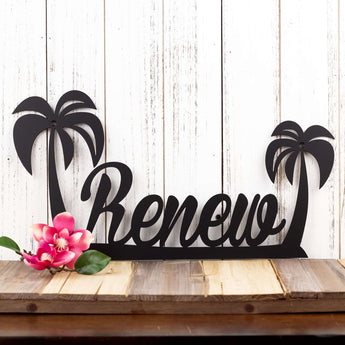 Personalized metal name sign with palm trees, in matte black powder coat.