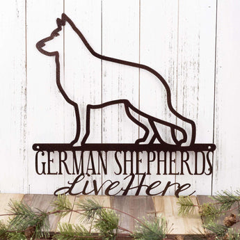 German Shepherds Live Here metal wall art, in copper vein powder coat.