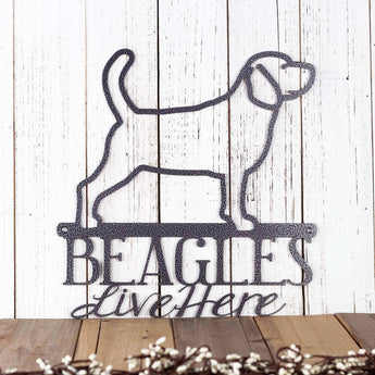 Beagles live here metal sign, with a Beagle dog silhouette, in silver vein powder coat. 