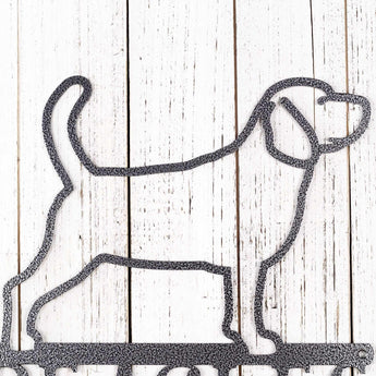 Close up of Beagle dog silhouette on our Beagles live here metal sign, in silver vein powder coat. 