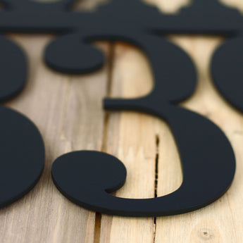 Close up of matte black powder coat on our family name and address metal plaque. 