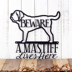 A English Mastiff Lives Here metal sign, with Beware, in matte black powder coat.