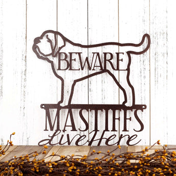 English Mastiffs Live Here metal sign, with Beware, in copper vein powder coat.