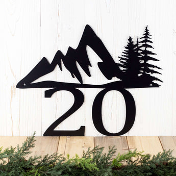2 digit metal house number plaque with mountains and pine trees, in matte black powder coat. 