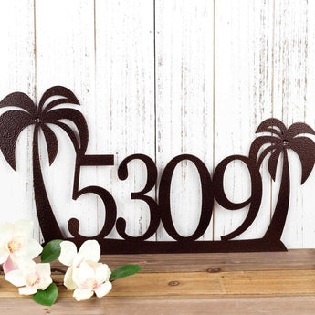 4 digit metal house number sign with palm trees, in copper vein powder coat.