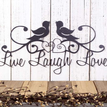 Live Laugh Love metal wall decor with birds and hearts, in silver vein powder coat.