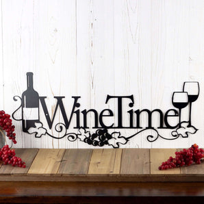 Wine Time metal wall art with wine glasses, wine bottle and grapes, in matte black powder coat.