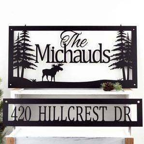Rectangular custom family name metal sign and address sign, with a moose silhouette, in matte black powder coat.
