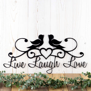 Live Laugh Love metal wall decor with birds and heart, in matte black powder coat. 