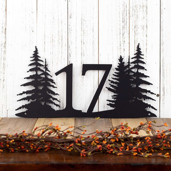 2 digit metal house number sign with pine trees, in matte black powder coat.
