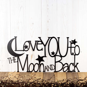 Love You to the Moon and Back metal wall art with moon and stars, in matte black powder coat.