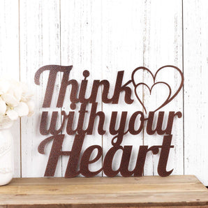 Think with your Heart metal wall art, with two hearts, in copper vein powder coat.