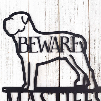 Close up of Bull Mastiff silhouette, with Beware, on our Mastiffs Live Here metal sign, in matte black powder coat.