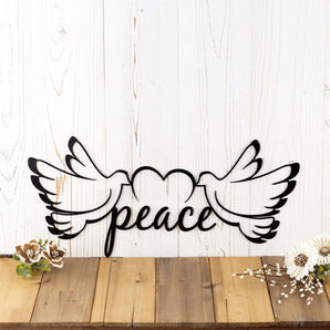 Peace doves metal wall art, with a heart, in matte black powder coat.