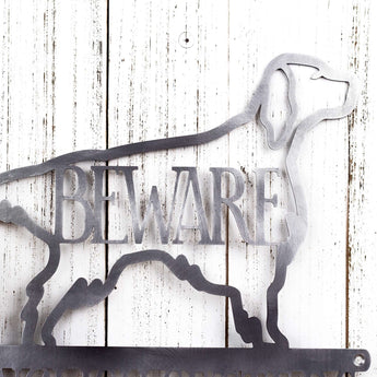 Close up of English Setter dog silhouette, with Beware, on our English Setters Live Here metal sign, in raw steel. 