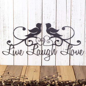Live Laugh Love metal wall art with birds and hearts, in silver vein powder coat.