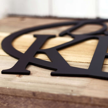 Close up of matte black powder coat on our oval personalized family name sign. 