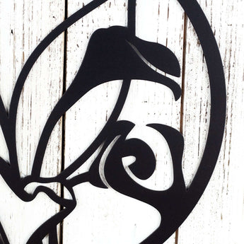 Close up of Calla Lily garden metal wall art, in matte black powder coat.