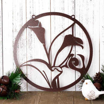 Calla Lily garden metal wall art, in copper vein powder coat.