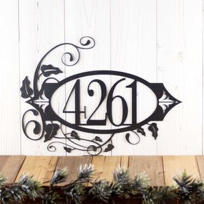 4 Digit metal house number sign with fleur de lis and vines, in silver vein powder coat.
