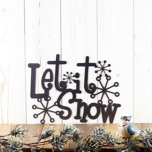 Let it Snow metal wall decor with snowflakes, in silver vein powder coat. 