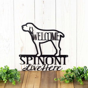 Spinoni Live Here metal wall art, with Welcome, in matte black powder coat. 