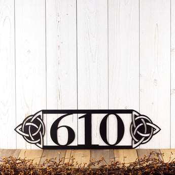 3 digit horizontal metal house number sign with Celtic knots, in matte black powder coat. 
