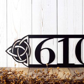 Close up of a 3 digit house number on our metal Celtic knot sign, in matte black powder coat. 